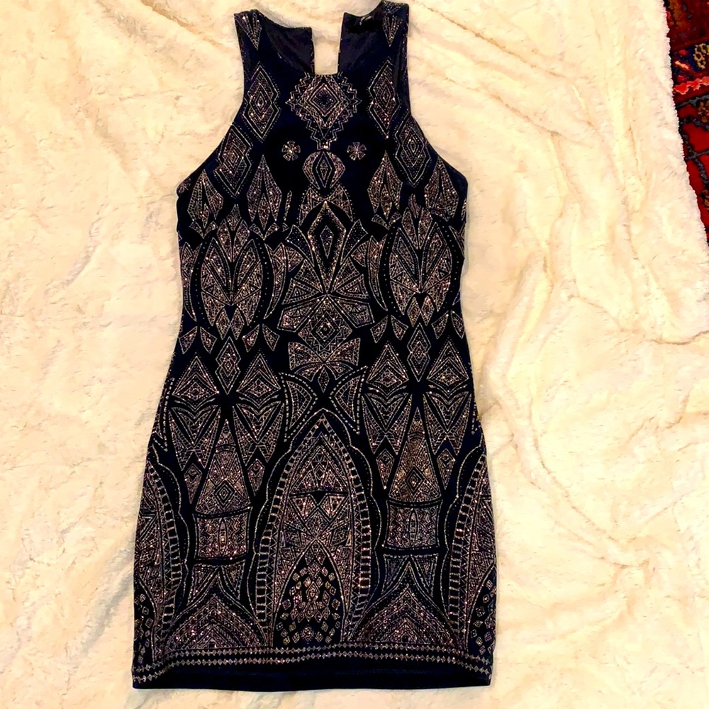 Navy and rose gold sparkly A-line dress